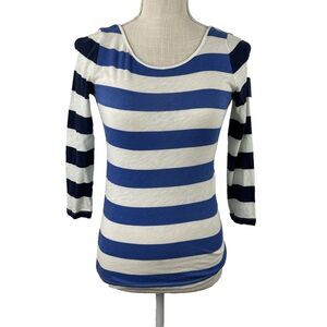 J Crew Top Womens XXS Blue White Nautical Stripe 3/4 Sleeve Sailor Lightweight‎